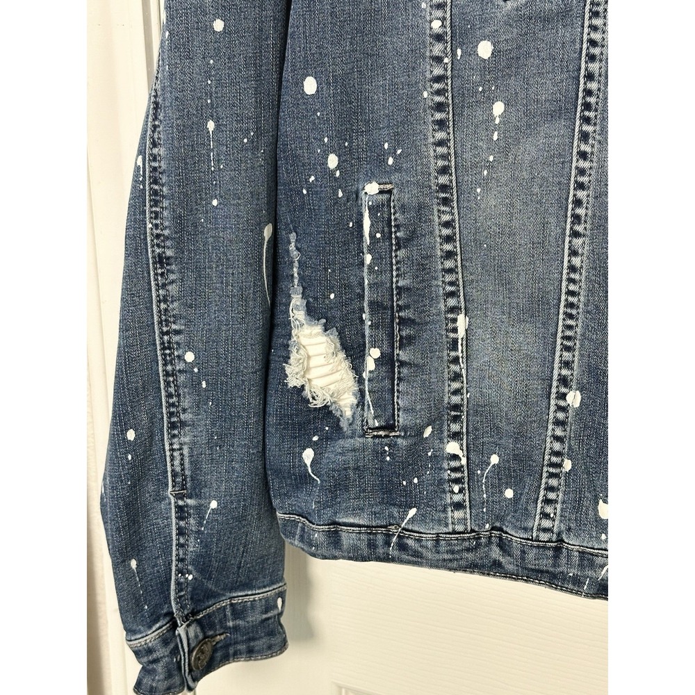 Blind Trust Denim Jean Jacket Distressed Splatter Paint Women's Size Medium Blue - Picture 4 of 12